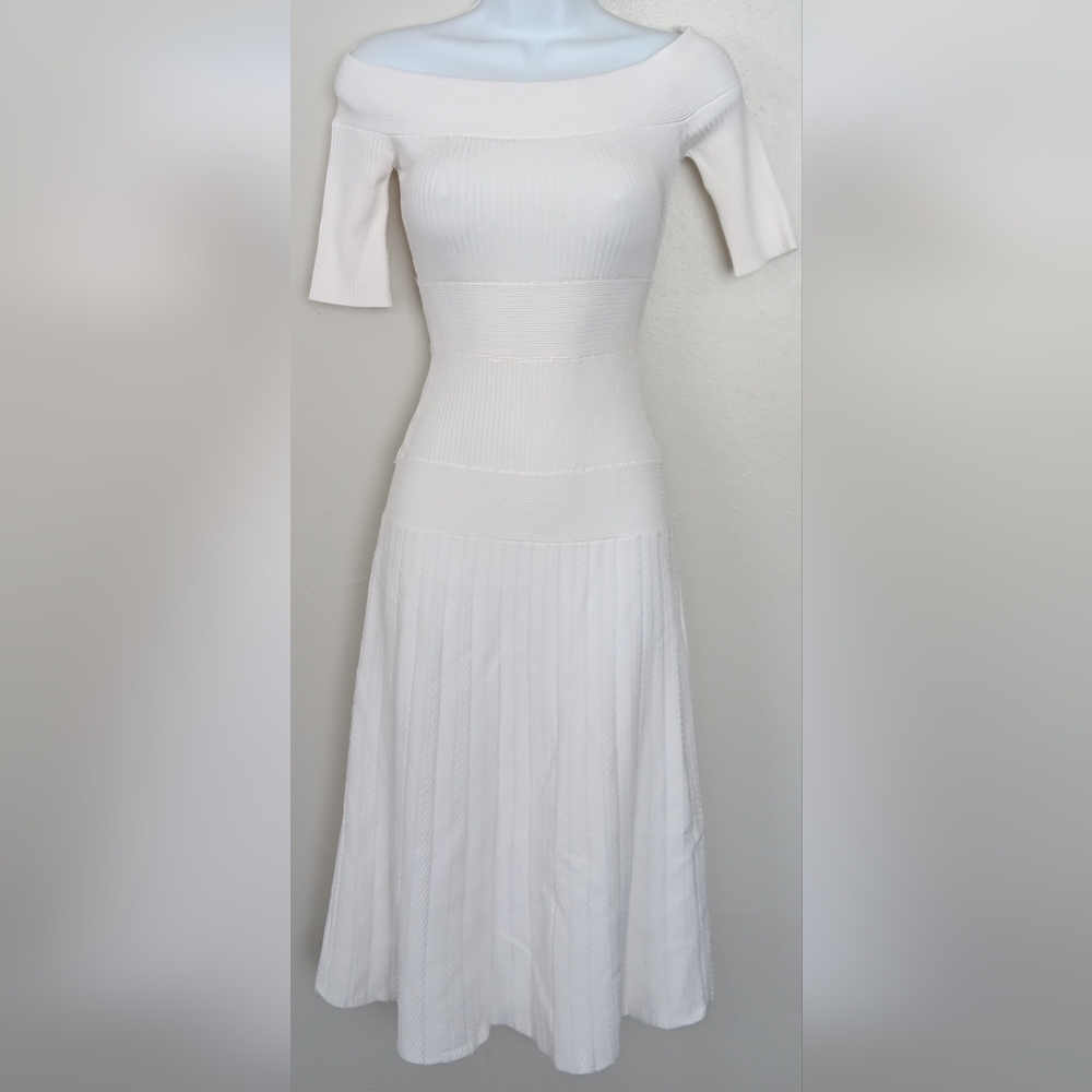 bebe Tatiana Ots Off-Shoulder Sweater Dress Bright White  A-line Sz XXS    NWT